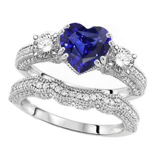 Real Diamond Heart Blue Sapphire Antique Wedding Ring Set 3.50ct