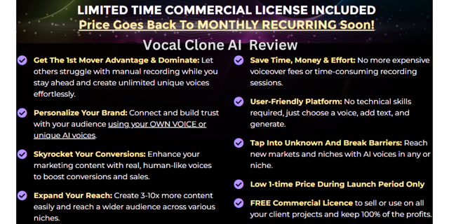 Vocal Clone AI – CLONE your voice - Reach Millions, Connect, Engage & Skyrocket Your Sales..